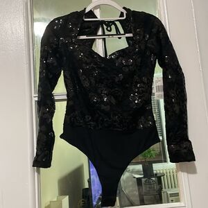 Fore black sequins sweetheart long sleeve bodysuit Onsie open keyhole tie back